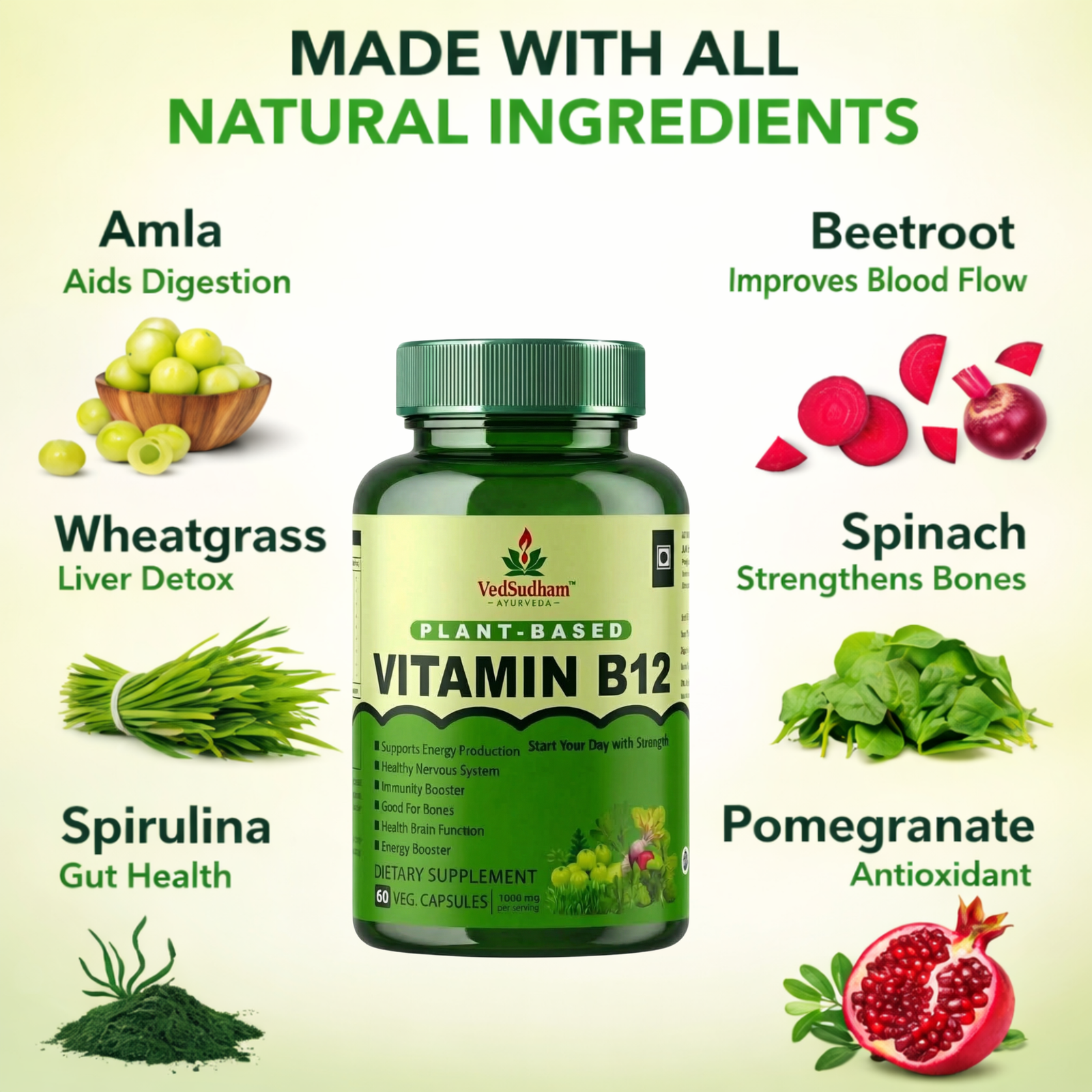 VedSudham Plant-Based Vitamin B12 Supplement with Moringa | Nerve Health Support | 60 Vegetarian Capsules - Image 2