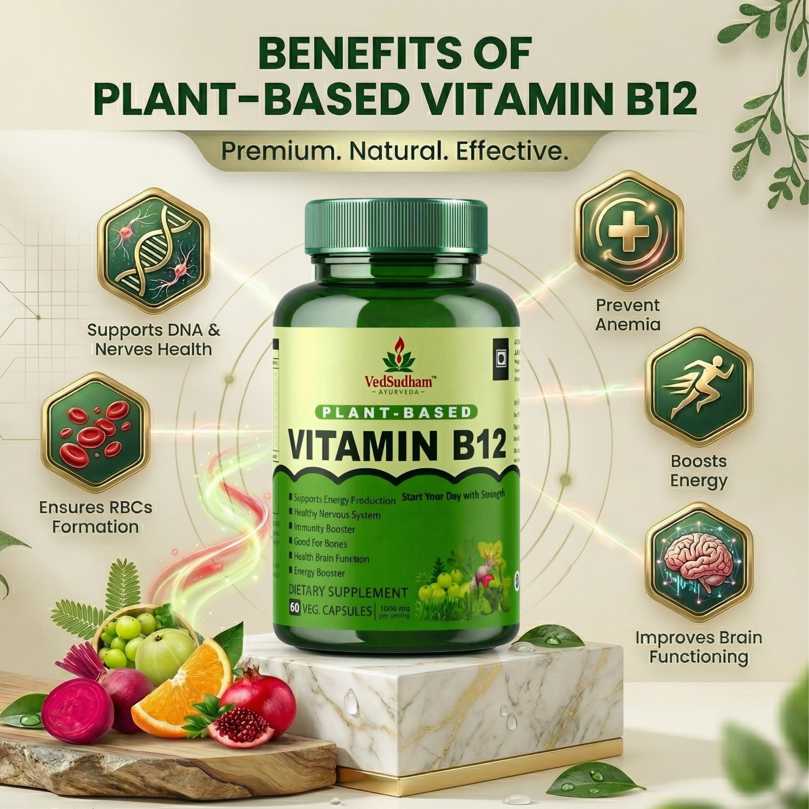 VedSudham Plant-Based Vitamin B12 Supplement with Moringa | Nerve Health Support | 60 Vegetarian Capsules - Image 3