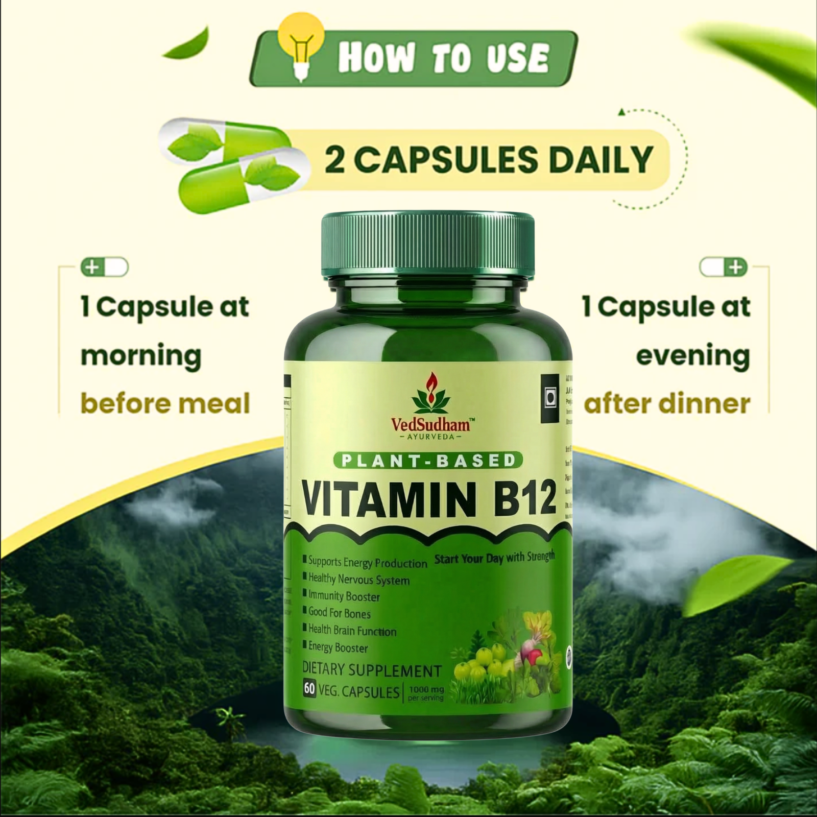 VedSudham Plant-Based Vitamin B12 Supplement with Moringa | Nerve Health Support | 60 Vegetarian Capsules - Image 4