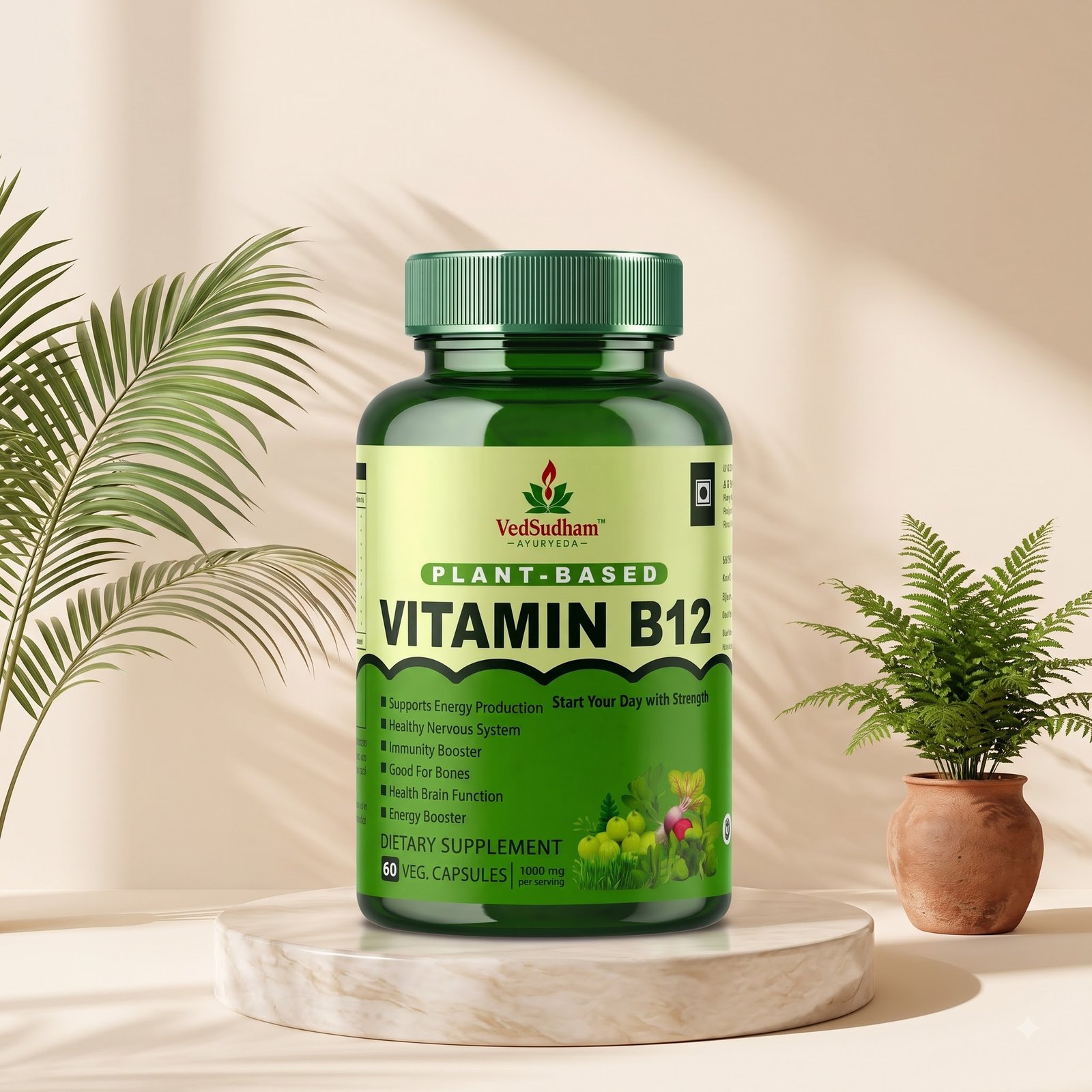 VedSudham plant-based Vitamin B12, 60 vegetarian capsules, on a cream pedestal with green plants
