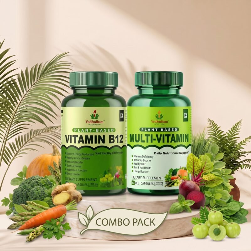 VedSudham Vitamin B12 and Multivitamin combo, two bottles of 60 vegetarian capsules each
