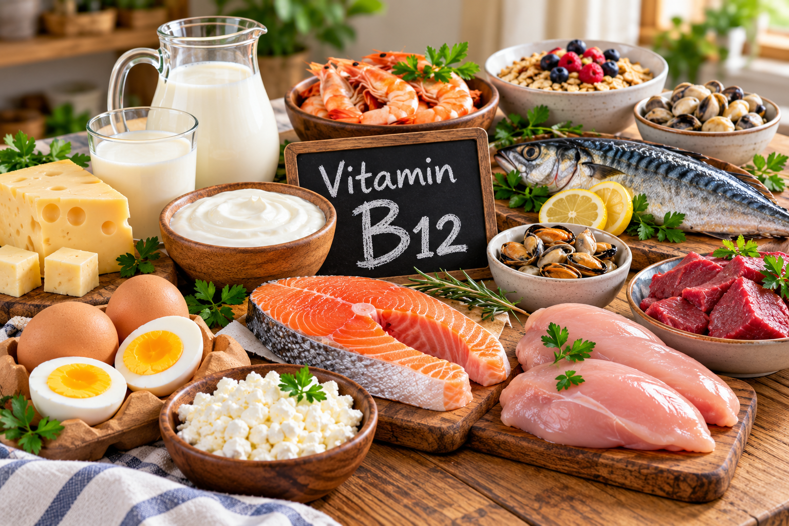 Vitamin B12 के स्रोत जैसे मछली, अंडे, दूध और अन्य खाद्य पदार्थ